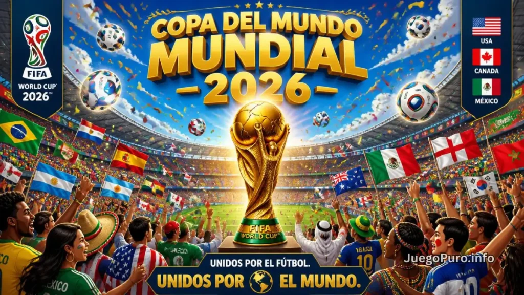 "Mundial 2026 con la Copa del Mundo, hinchas de distintos países y un estadio lleno de pasión futbolera”