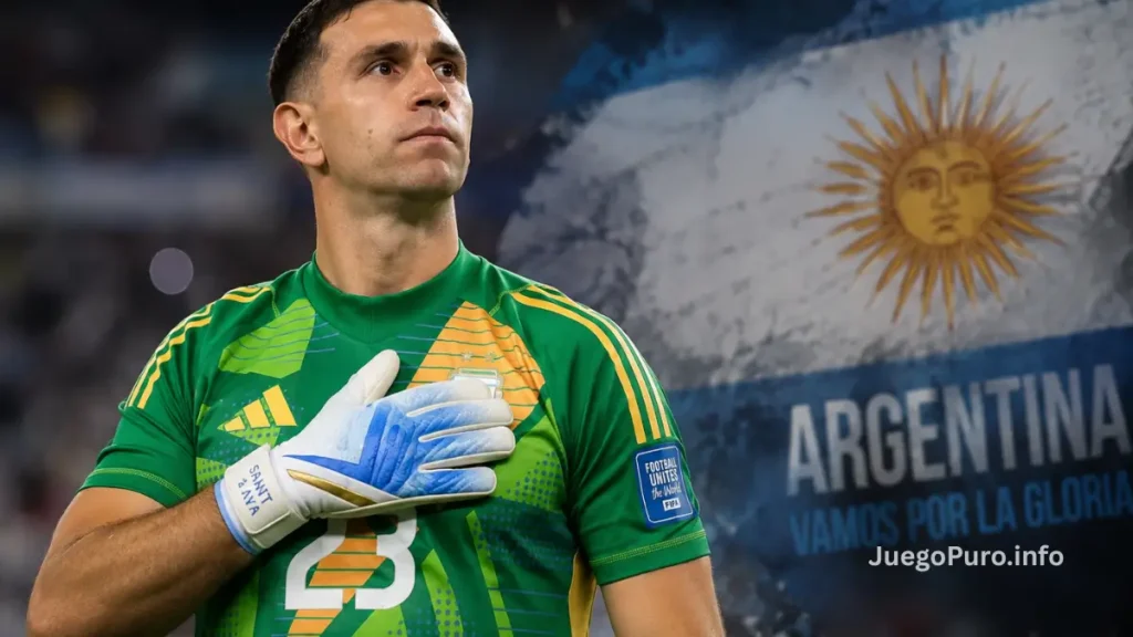 Emiliano Dibu Martínez con la camiseta de la Selección Argentina durante una imagen editorial relacionada al Mundial 2026