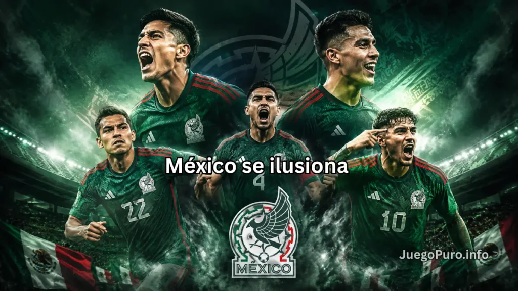 Ilustración épica de la selección de México en un estadio iluminado con jugadores celebrando y ambiente cinematográfico rumbo al Mundial 2026.