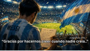 “Hincha argentino emocionado en la tribuna escribiendo una carta mientras alienta a la Selección Argentina rumbo al Mundial 2026”