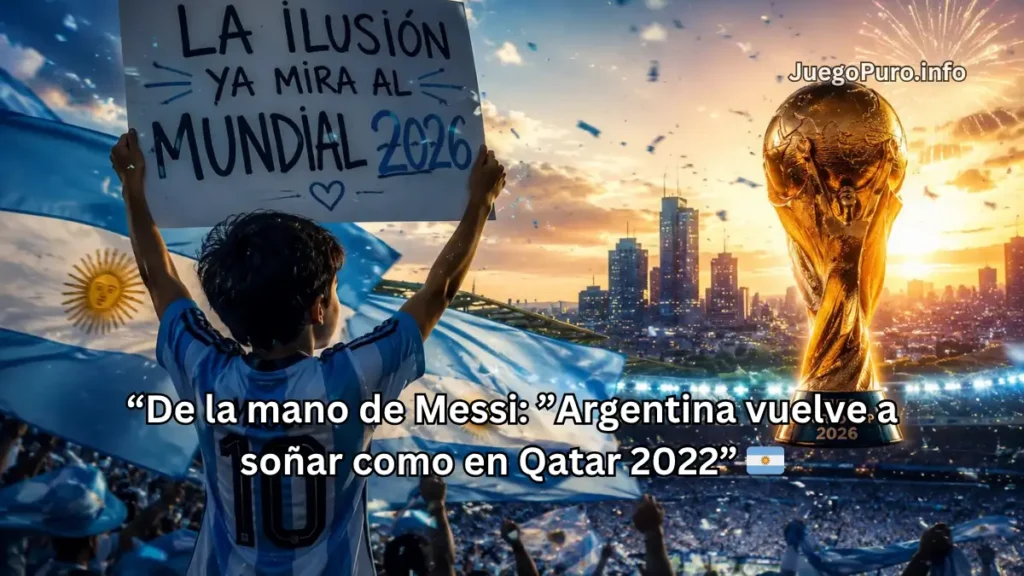 Hinchas argentinos alentando con banderas y emoción mientras sueñan con el Mundial 2026