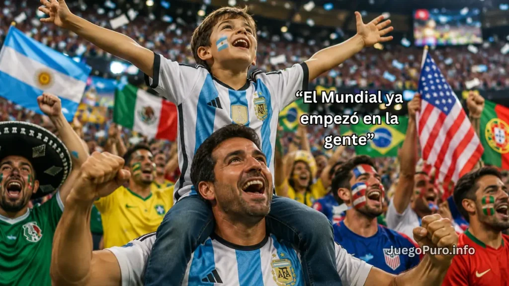 Padre con su hijo sobre los hombros celebrando en un estadio lleno junto a hinchas de diferentes países durante la emoción previa al Mundial 2026