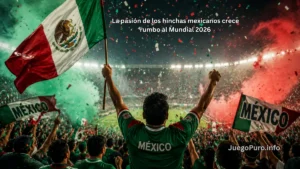 Hinchas mexicanos alentando en un estadio con banderas y ambiente mundialista rumbo al Mundial 2026