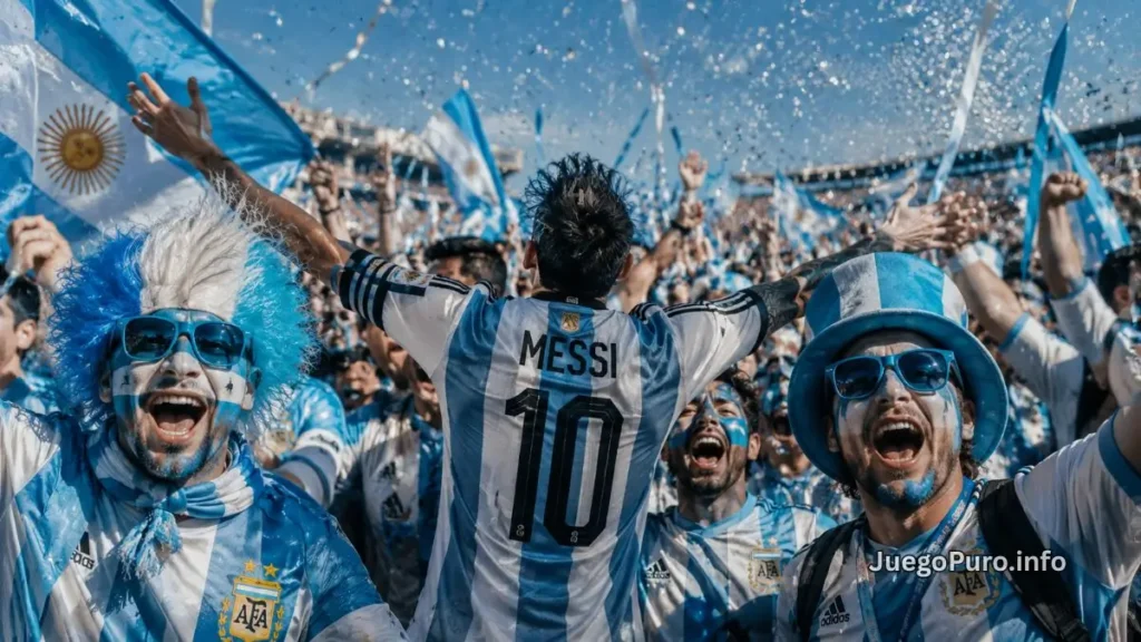 Hinchas argentinos celebrando con banderas y camisetas de la selección en un estadio lleno de emoción