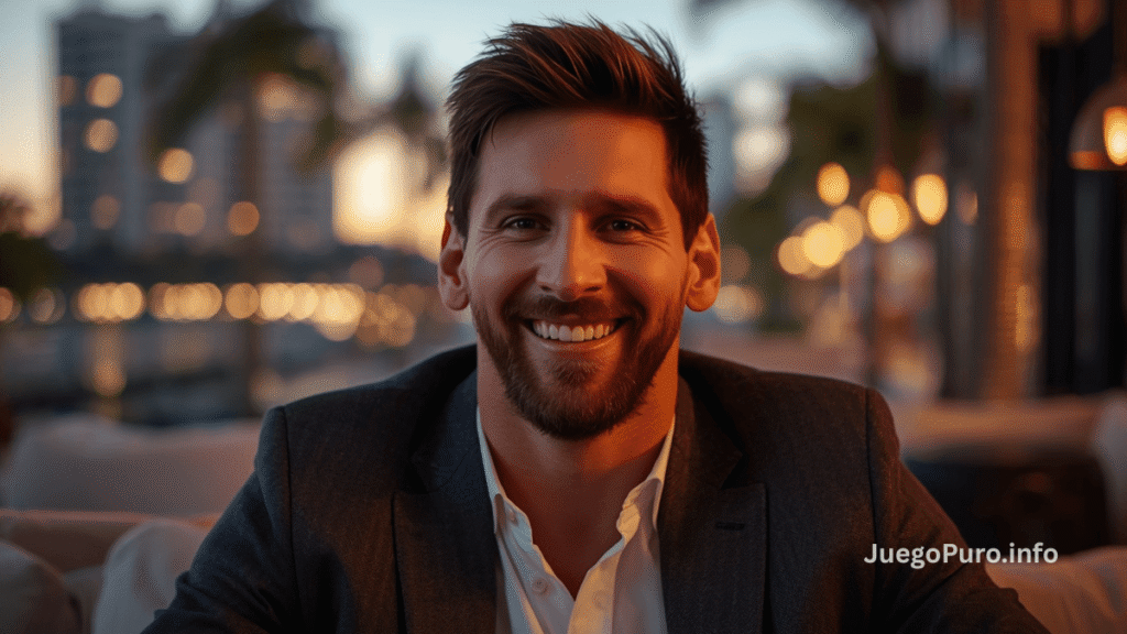 Lionel Messi sonríe de manera relajada en una imagen editorial ambientada en Miami durante su etapa en Inter Miami