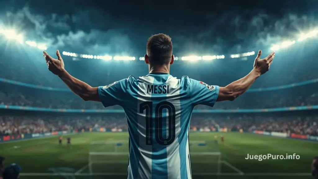 Lionel Messi festeja mirando a la tribuna argentina en una escena épica con ambiente mundialista y estética cinematográfica.