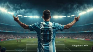 Lionel Messi festeja mirando a la tribuna argentina en una escena épica con ambiente mundialista y estética cinematográfica.
