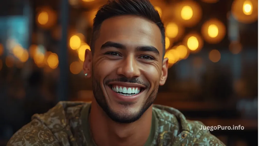 Neymar sonriendo de manera relajada en un retrato cercano con ropa casual y expresión amigable
