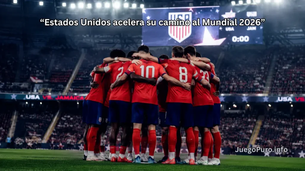 Selección masculina de fútbol de Estados Unidos reunida en un estadio iluminado antes de un partido internacional rumbo al Mundial 2026.