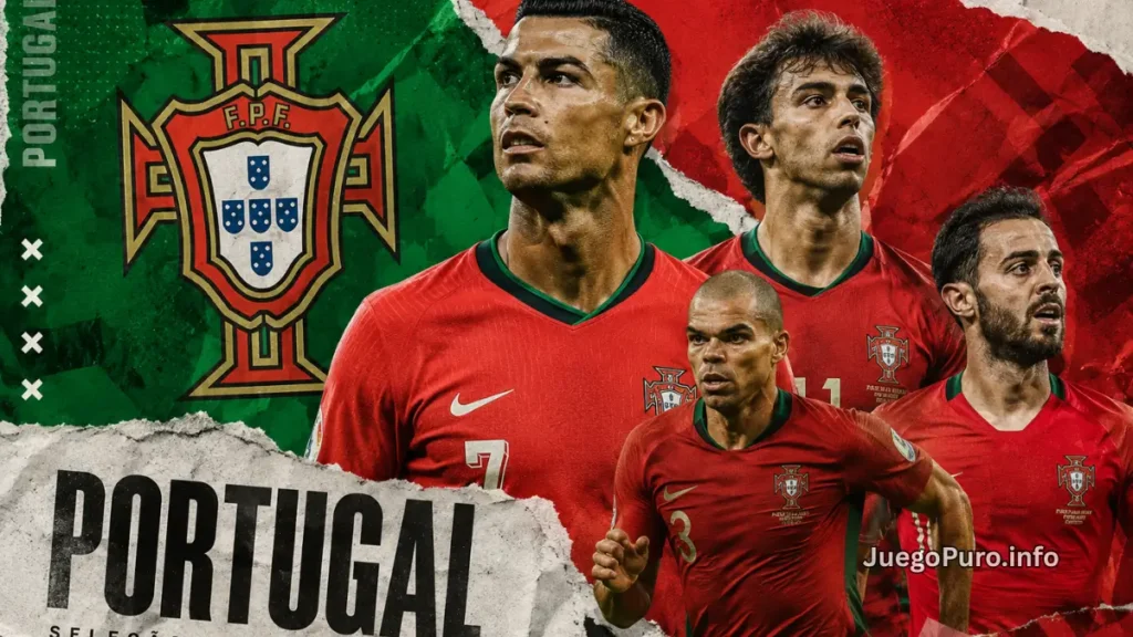 Jugadores de la selección de Portugal con Cristiano Ronaldo en un diseño estilo paper wall rumbo al Mundial 2026