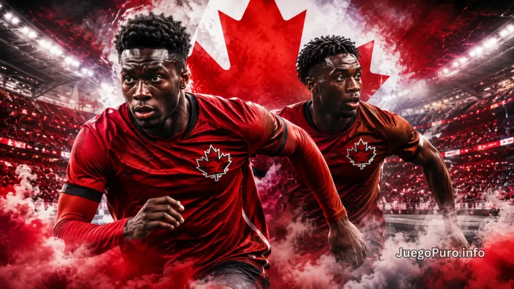 Futbolistas inspirados en la selección de Canadá en un estadio iluminado rumbo al Mundial 2026 con ambiente épico y humo rojo.