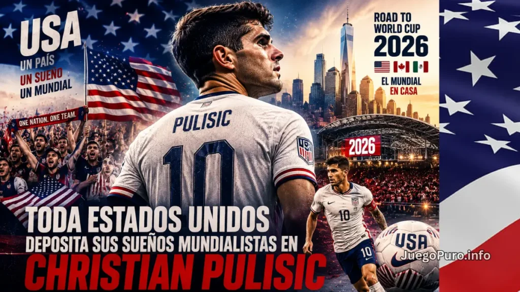 Christian Pulisic representando la esperanza de Estados Unidos para el Mundial 2026 frente a una multitud de fanáticos y un estadio iluminado.