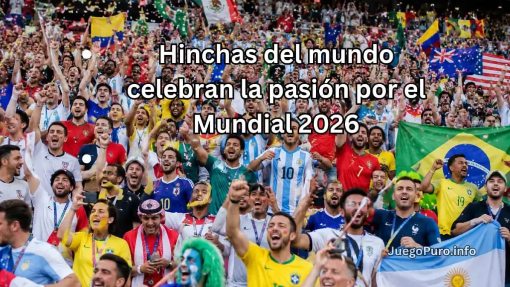 Hinchas de diferentes países celebrando en una tribuna con camisetas de selecciones, banderas, caras pintadas y papelitos durante un ambiente mundialista