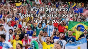 Hinchas de diferentes países celebrando en una tribuna con camisetas de selecciones, banderas, caras pintadas y papelitos durante un ambiente mundialista
