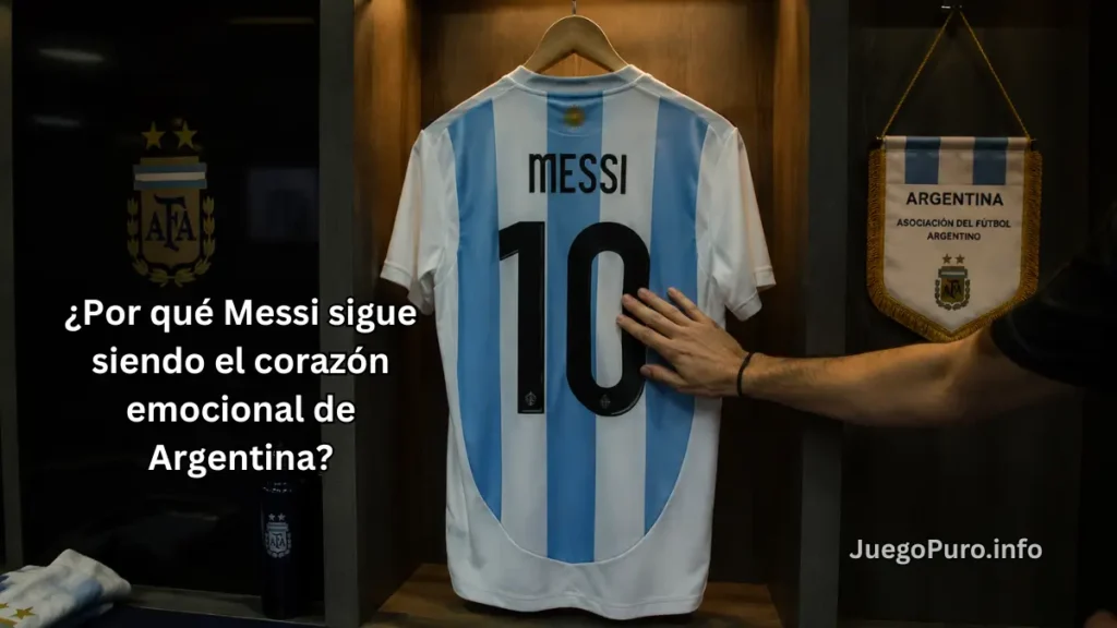 Camiseta número 10 de Argentina colgada en un vestuario con una mano acercándose en una escena emocional inspirada en la pasión mundialista