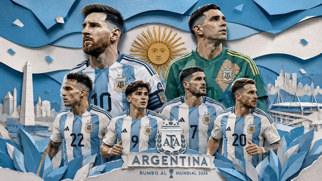 Jugadores de la selección argentina celebrando en un diseño estilo paper wall rumbo al Mundial 2026
